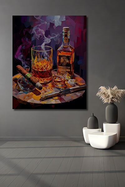 Teona Ahşap Büyük Boy Viski ve Puro Yağlı Boya Görünümlü Ahşap Dekoratif Ev,A...