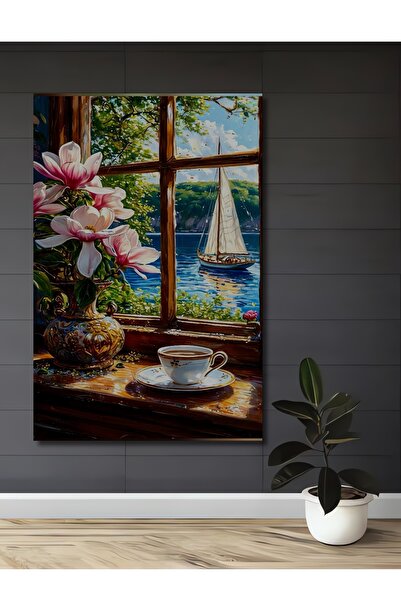 Teona Ahşap Manolya Çiçekleri ve Yelkenli Tekne Manzaralı Yağlı Boya Görünüml...