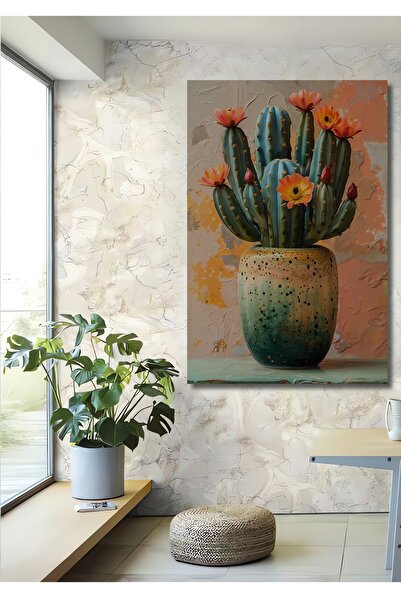 Teona Ahşap Canlı Çiçekli Mavi Kaktüs Yağlı Boya Görünümlü Dekoratif Ahşap Ev...