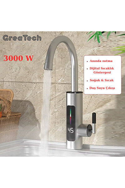 GreaTech Elektrikli Anında Su Isıtıcı Musluk 3000 W LED Dijital Göstergeli Pa...