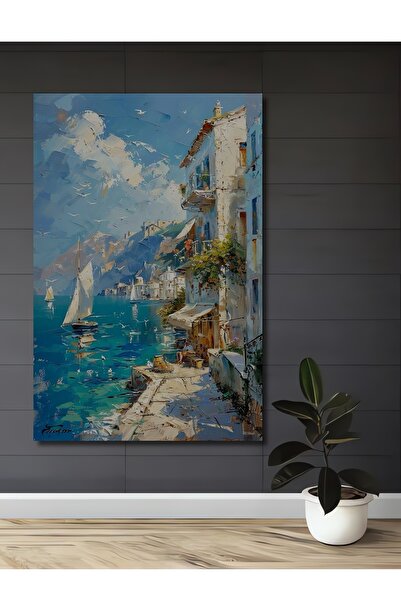 Teona Ahşap Akdeniz Sahil Kasabası Yağlı Boya Görünümlü Ahşap Dekoratif Ev,An...