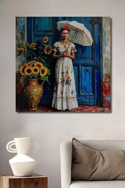 Teona Ahşap Frida Kahlo Ayçiçekleri Yağlı Boya Görünümlü Ahşap Dekoratif Ev,Antre,Salon,Ofis,Mutfak Tablo