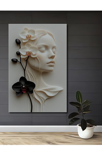 Teona Ahşap Beyaz Orkide ve Kadın Figürü 3D Kabartma Ahşap Ev,Antre,Salon,Ofi...