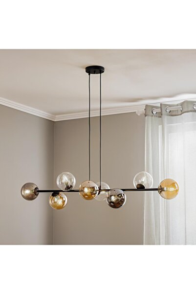 VİSENTE HOME 8'li Glop Cam Sarkıt Avize | Siyah Gövde - Amber, Füme & Şeffaf Cam