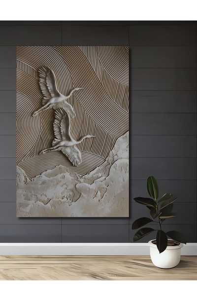 Teona Ahşap İki Kanatlı Beyaz Turna Göçü Ahşap Dekoratif Ev,Antre,Salon,Ofis,Mutfak,Yatak Odası Tablo