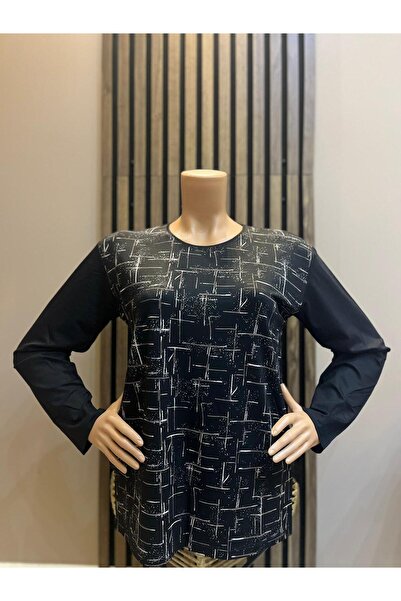 AKMAVİ Kadın Orta Yaş Ve Üzeri Baskı Desenli Simli Yırtmaçlı Anne Penye Bluz