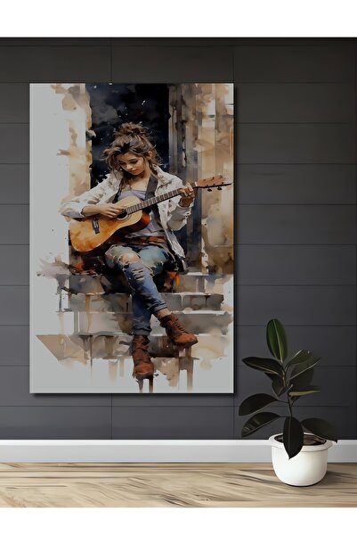 Teona Ahşap Sulu Boya Gitar Çalan Genç Kız Ahşap Dekoratif Ev,Antre,Salon,Ofi...