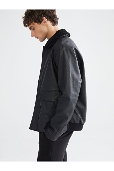 LC Waikiki SOUTHBLUE Standart Kalıp Kürk Yaka Erkek Deri Görünümlü Mont