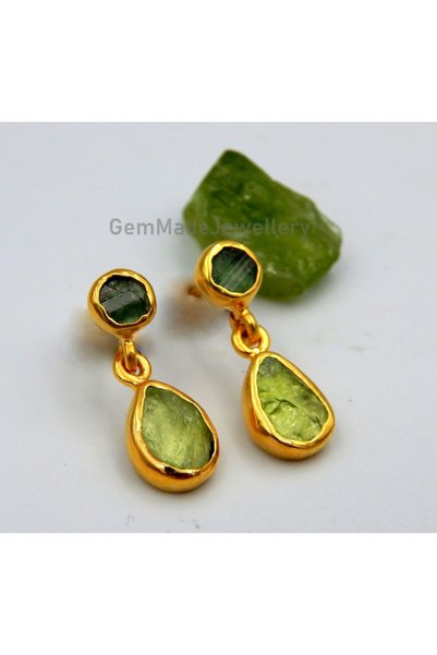 alpsilverart Kadınlar için El İşi Gümüş Altın Kaplama Ham Peridot Ve Apatit T...