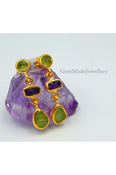 alpsilverart Kadınlar için El İşi Gümüş Altın Kaplama Ham Peridot Ve Ametist ...