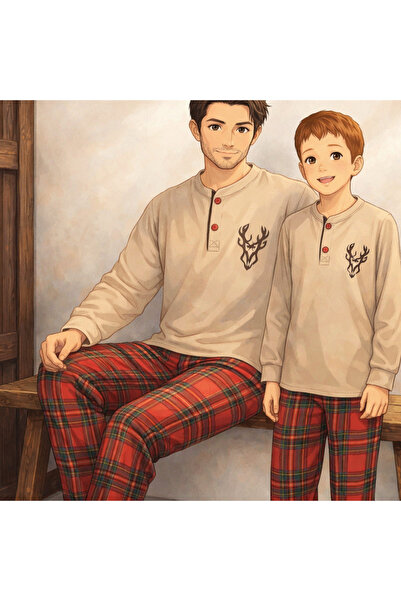 Tarık Father-Son Matching Long Sleeve Deer Printed Plaid New Year Family Matching Pajama Set-4175