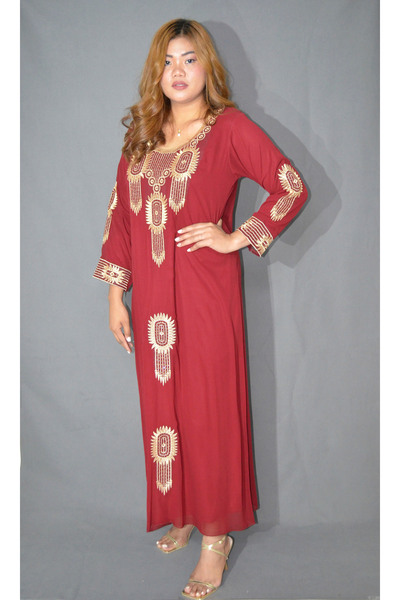 Zainah Elegant Traditional Arabian Maxi Dress -Heavy Gold Embroidery & Crystal Work Long Sleeve Modest Wear