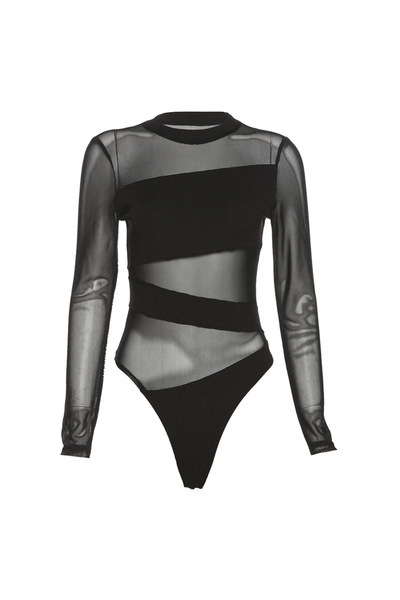 Choice XL black Spring Summer New Fashion Cut Cross Hollow Mesh Jumpsuit Long-Sleeved Thin O Neck Diagonal