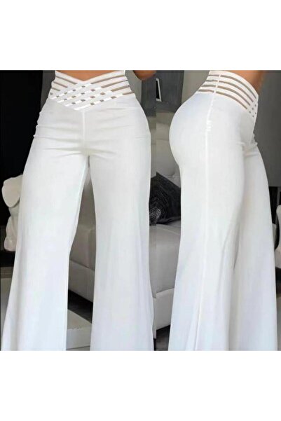 Choice بنطال أبيض أرجل واسعة بخصر عالٍ، لون موحد، أنيق وعصري، بقصة فضفاضة، واسع الأرجل معدنية، مناسب للعمل.