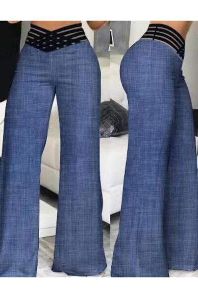 Choice بنطال جينز أرجل واسعة بخصر عالٍ ولون موحد، مناسب لفصل الصيف، أنيق وفضفاض، واسع الأرجل معدنية، مثالي للعمل.