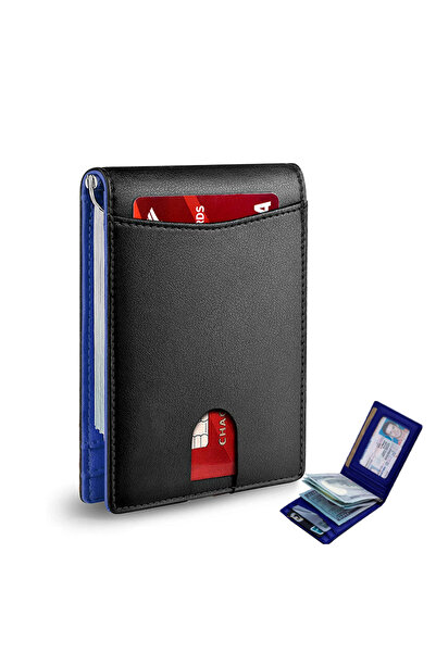 Choice محفظة رجالية جلدية فاخرة سوداء وزرقاء اللون مزودة بتقنية RFID، حقيبة نقود رفيعة وخفيفة الوزن، حقيبة بطاقات قصيرة