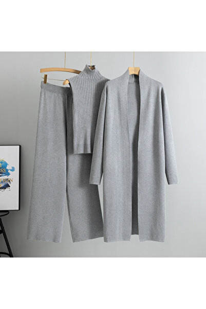 Choice One Size GRAY Spring Autumn 3 Piece Women Cardigan Tracksuits Fashion Knitted Pant Set Ladies Sweate