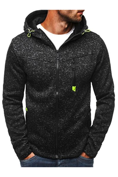 Choice هودي رجالي أسود بسحاب كامل، لون موحد، بغطاء رأس رأس وسحاب، مناسب للارتداء اليومي واللياقة البدنية، مصنوع من الصوف الخفيف.