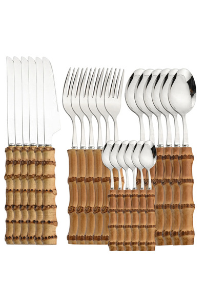 Choice طقم أدوات مائدة من الخيزران الفضي مكون من 24 قطعة، مصنوع من الفولاذ المقاوم للصدأ، بمقابض طبيعية بالكامل.