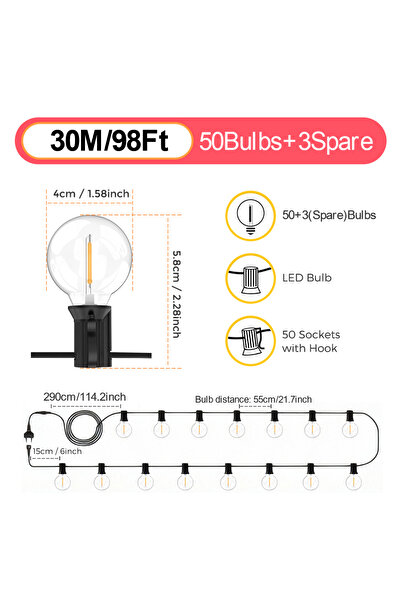 Choice 30m 50bulbs G40 LED Globe String Lights Outdoor, 3M/9M/15M IP65 Plasti...