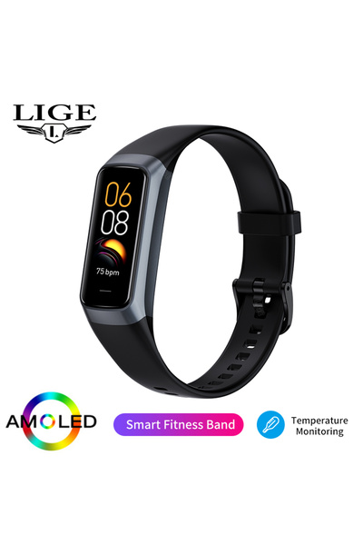 Lige ساعة ذكية سوداء مزودة بخاصية التنبيه بالمكالمات وشاشة AMOLED مقاس 1.1 بو...