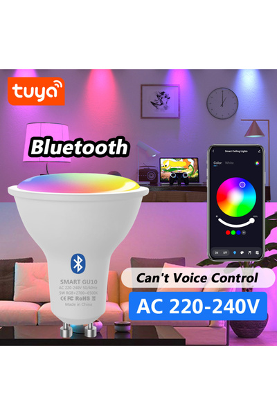 Choice مصباح Tuya GU10 ذكي يعمل بتقنية البلوتوث والواي فاي، بقوة 5 واط، يعمل بجهد 220 فولت تيار متردد، مزود بقاعدة تحكم عبر تطبيق، يدعم ألوان RGB، مزود بتقنية التحكم عبر تطبيق الهاتف.