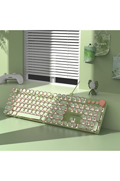 Choice Green EWEADN V20 Punk Typewriter Mechanical Gaming Keyboard, 104 Keys Round Keycaps LED White Backli