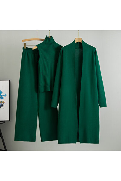 Choice One Size Dark Green Spring Autumn 3 Piece Women Cardigan Tracksuits Fashion Knitted Pant Set Ladies