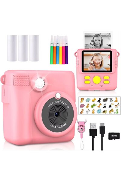 Choice كاميرا ABS681-Pink32G المحمولة للطباعة الفورية للأطفال - كاميرا فيديو عالية الدقة 1080P مع 3 لفات من ورق الصور