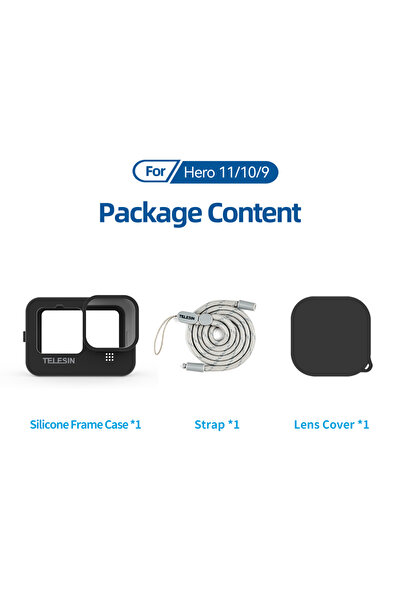 Choice جراب سيليكون ناعم أسود من تيليسين لعدسة كاميرا جو برو 9 و10 و11 و12، غطاء عدسة أزرق وأسود، حزام معصم قابل للتعديل