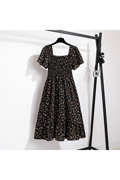 Choice فستان شيفون أسود مقاس واحد، مناسب لفصلي الربيع والصيف، متوسط الطول، بأكمام قصيرة وخصر مطاطي، مزين بطبعة.