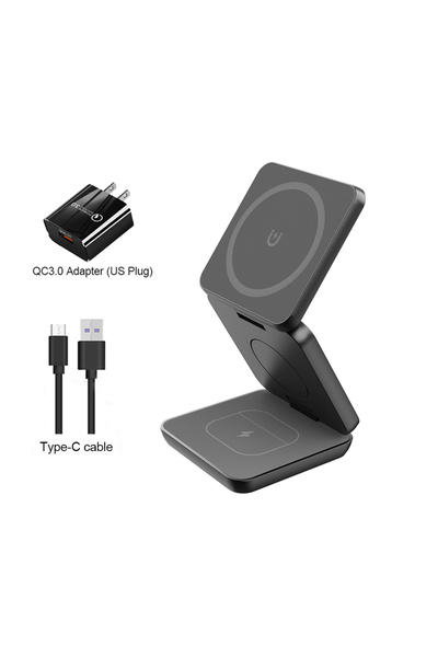 Choice شاحن لاسلكي أسود بمقبس أمريكي، 3 في 1، محطة شحن مغناطيسية قابلة للطي ل...