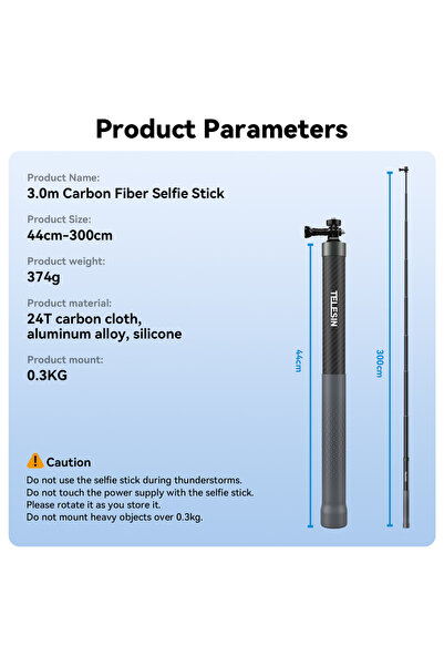 Choice عصا سيلفي من ألياف الكربون من 3M TELESIN بطول 1.2 متر، قابلة للتمديد م...