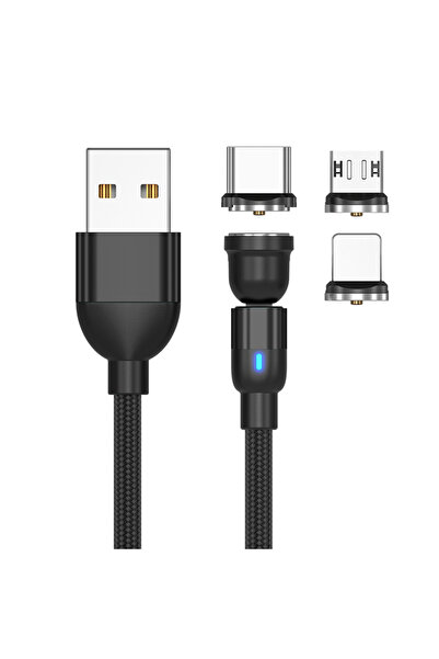 Choice 2m(6.6ft) Black 3 in 1 Cable 540 Rotate Magnetic USB C IPone Cable Mic...