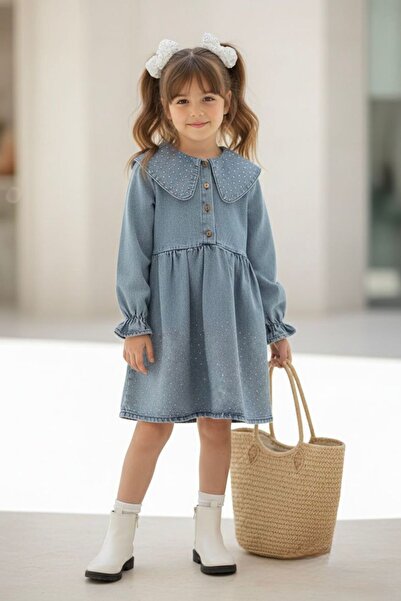 Minigimin Cicileri My Little One's Stone Detailed Denim Dress for Girls - Lig...