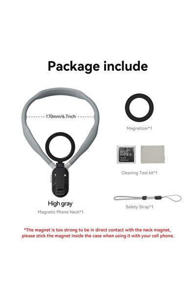 Choice حامل رقبة مغناطيسي من السيليكون الرمادي من تيليسين، سريع الفك، متوافق مع أجهزة آيفون 15، 14، 13، 12، 11، 10، وسامسونج.