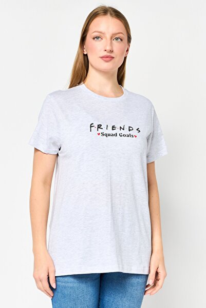Friends تي شيرت نسائي بطبعة جرافيكية بأكمام قصيرة ورقبة دائرية، رمادي