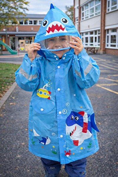 Katia&Bony Boy's Shark Patterned Raincoat with Hat Blue