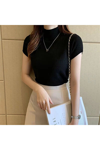 Choice بلوزة نسائية سوداء أنيقة بمقاس واحد، بأكمام قصيرة، مناسبة لفصل الصيف، بياقة عالية محبوكة.