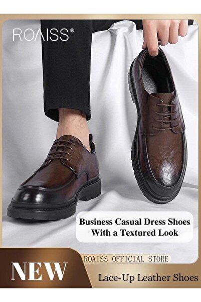 ROAISS أحذية جلدية رسمية للرجال، مقدمة دائرية، رباط أمامي، تصميم منخفض، مقاوم...