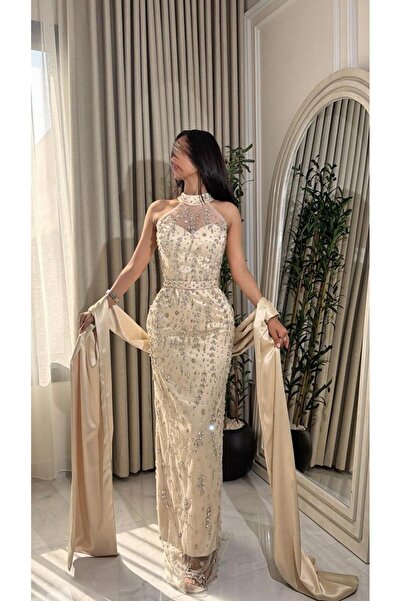 Loolmas fashion فستان سهرة شامبين مطرّز بالكريستال