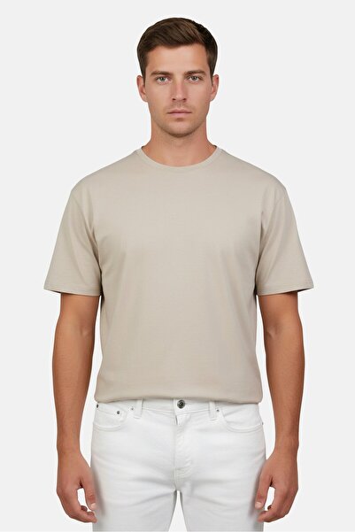 Fudo Men Crew Neck Short Sleeve Solid T-Shirt, Beige
