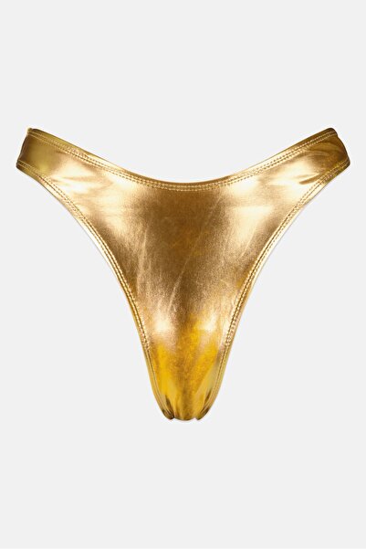 Public Desire Women High Leg Metallic Bikini Bottom, Gold