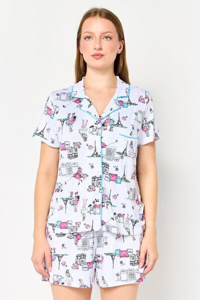 Paris Hilton Women 2 Piece Allover Print Short Sleeve Pyjama Set, Multicolor