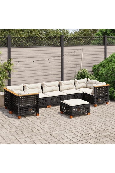 vidaxl طقم كنب حديقة مكون من 8 قطع مع وسائد، مصنوع من خشب الروطان الصناعي الأسود