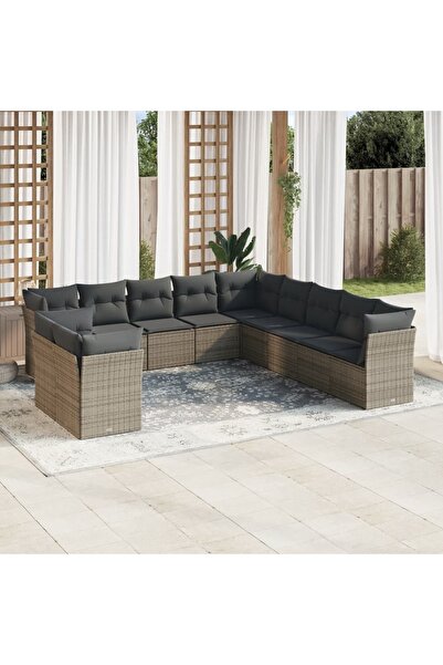 vidaxl طقم أريكة حديقة مكون من 11 قطعة مع وسائد، مصنوع من خشب الروطان الصناعي الرمادي