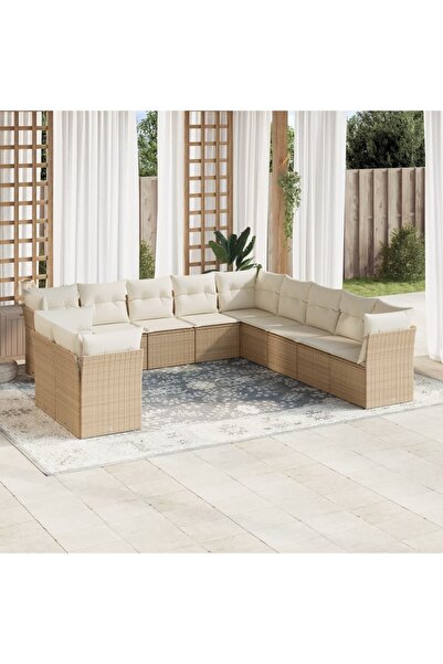 vidaxl طقم أريكة حديقة مكون من 11 قطعة مع وسائد، لون بيج، مصنوع من البولي راتان