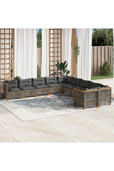 vidaxl طقم أريكة حديقة مكون من 10 قطع مع وسائد، مصنوع من خشب الروطان الصناعي الرمادي