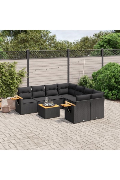 vidaxl طقم أريكة حديقة مكون من 9 قطع مع وسائد، مصنوع من خشب الروطان الصناعي ا...