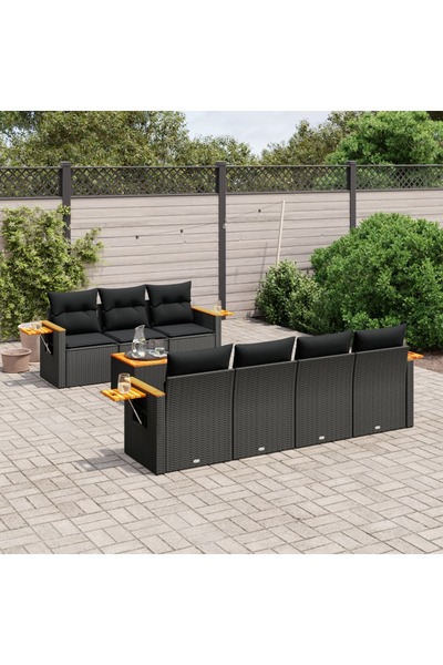 vidaxl طقم كنب حديقة مكون من 8 قطع مع وسائد، مصنوع من خشب الروطان الصناعي الأسود